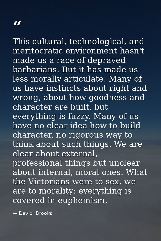 This cultural, technological, and meritocratic environment hasn't made us a race of depraved barbarians. But it has made — David  Brooks