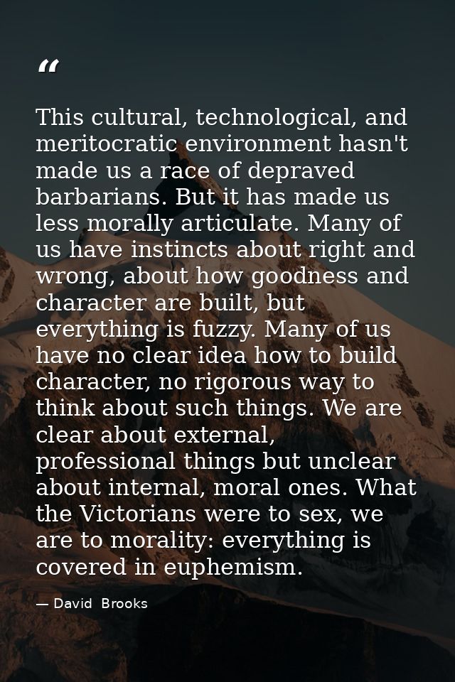 This cultural, technological, and meritocratic environment hasn't made us a race of depraved barbarians. But it has made — David  Brooks