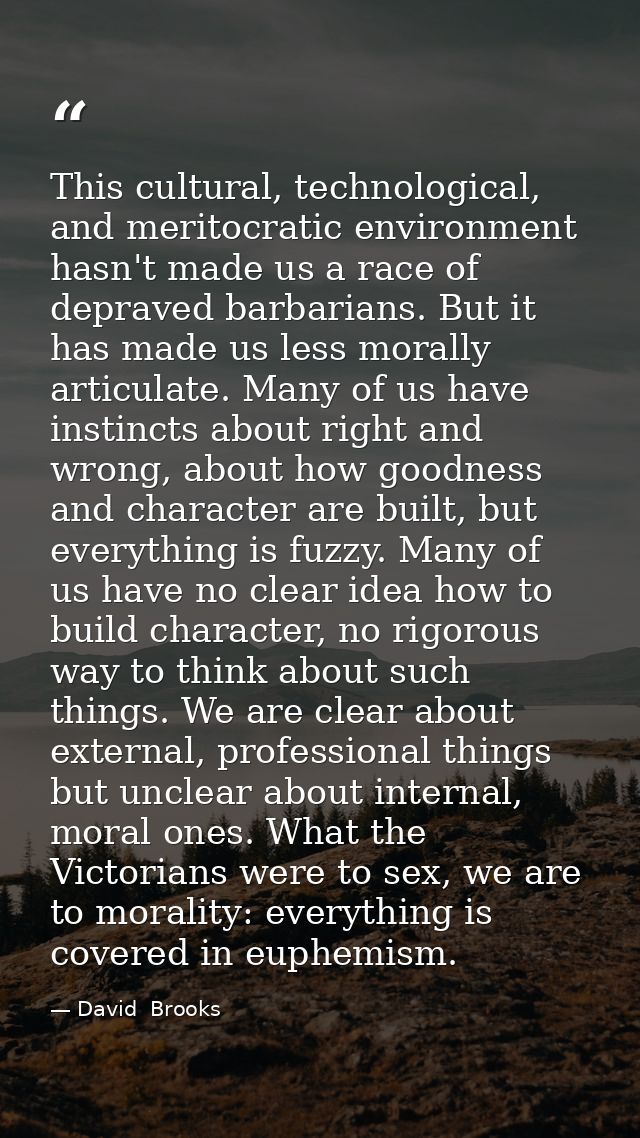 This cultural, technological, and meritocratic environment hasn't made us a race of depraved barbarians. But it has made — David  Brooks