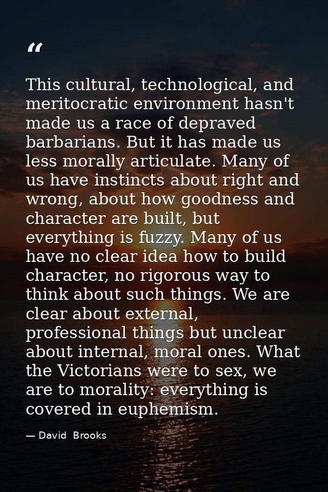 This cultural, technological, and meritocratic environment hasn't made us a race of depraved barbarians. But it has made — David  Brooks