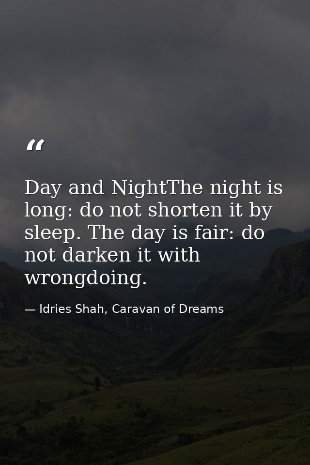 Day and NightThe night is long: do not shorten it by sleep. The day is fair: do not darken it with wrongdoing. — Idries Shah, Caravan of Dreams