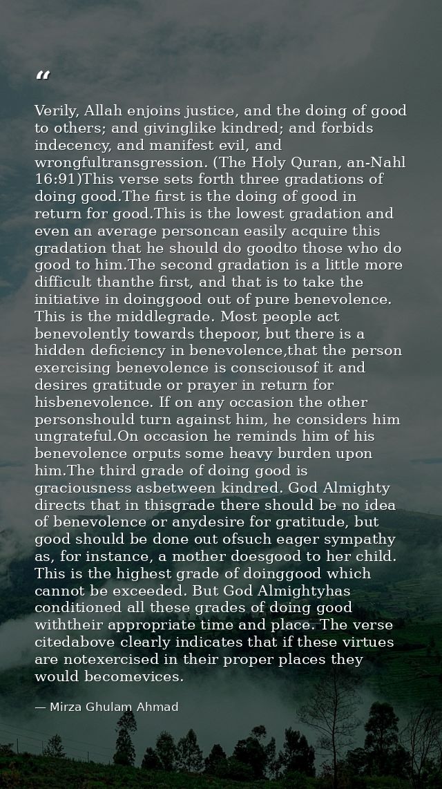 Verily, Allah enjoins justice, and the doing of good to others; and givinglike kindred; and forbids indecency, and manif — Mirza Ghulam Ahmad