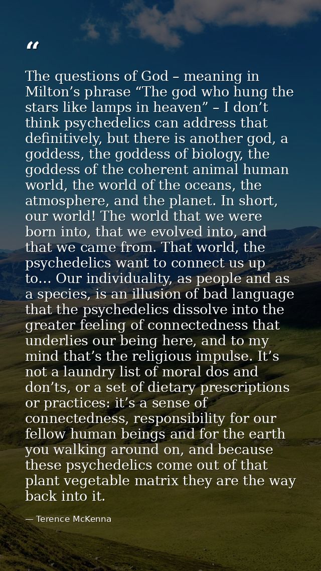 The questions of God – meaning in Milton’s phrase “The god who hung the stars like lamps in heaven” – I don’t think psyc — Terence McKenna
