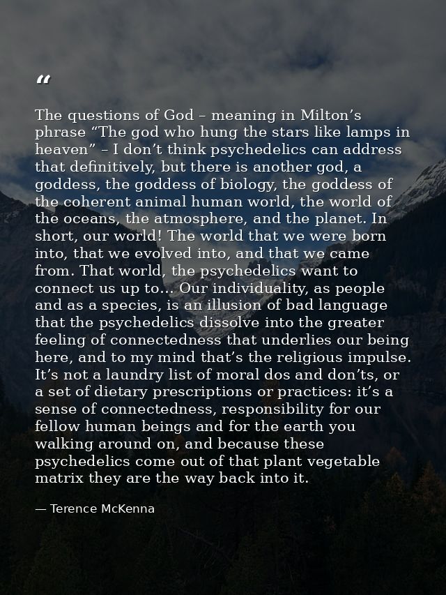 The questions of God – meaning in Milton’s phrase “The god who hung the stars like lamps in heaven” – I don’t think psyc — Terence McKenna