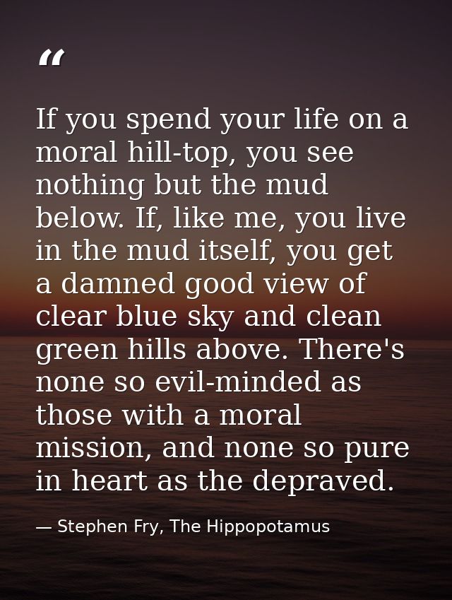 If you spend your life on a moral hill-top, you see nothing but the mud below. If, like me, you live in the mud itself,  — Stephen Fry, The Hippopotamus
