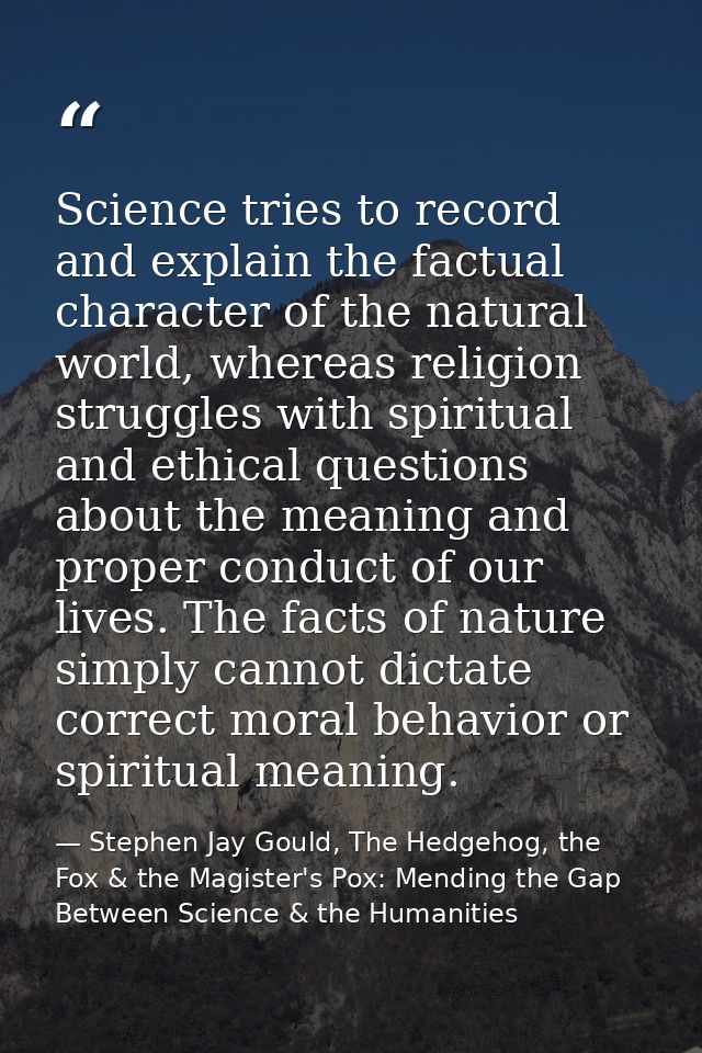 Science tries to record and explain the factual character of the natural world, whereas religion struggles with spiritua — Stephen Jay Gould, The Hedgehog, the Fox & the Magister's Pox: Mending the Gap Between Science & the Humanities