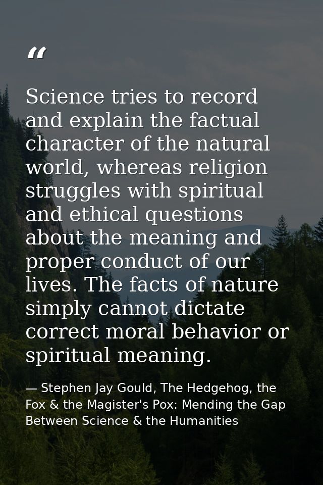 Science tries to record and explain the factual character of the natural world, whereas religion struggles with spiritua — Stephen Jay Gould, The Hedgehog, the Fox & the Magister's Pox: Mending the Gap Between Science & the Humanities