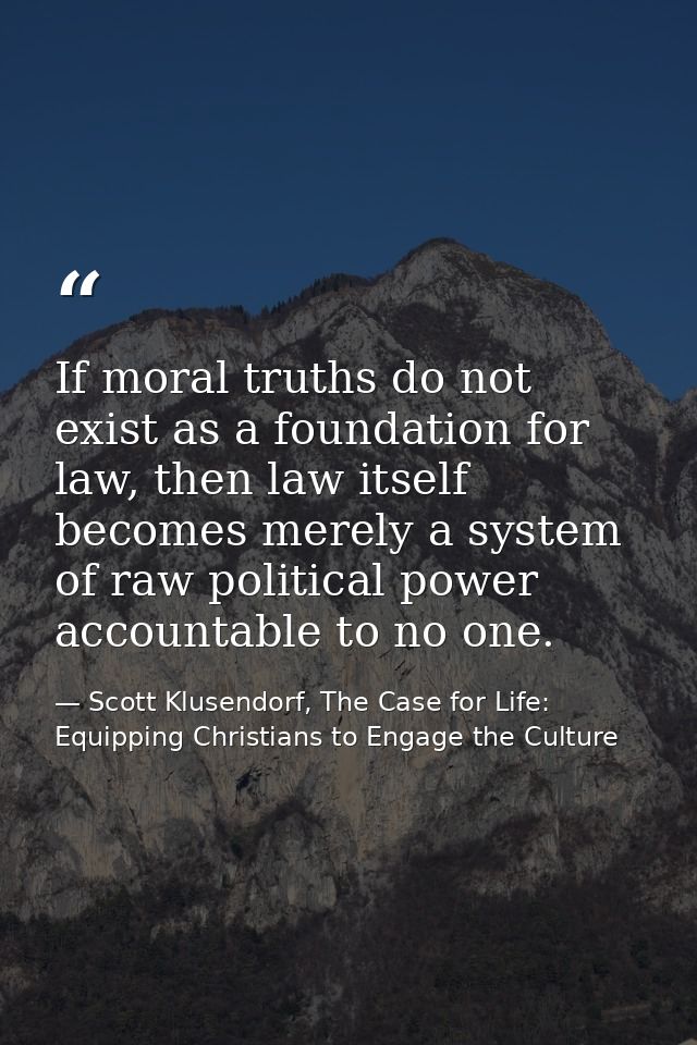 If moral truths do not exist as a foundation for law, then law itself becomes merely a system of raw political power acc — Scott Klusendorf, The Case for Life: Equipping Christians to Engage the Culture
