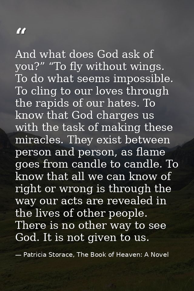 And what does God ask of you?” “To fly without wings. To do what seems impossible. To cling to our loves through the rap — Patricia Storace, The Book of Heaven: A Novel