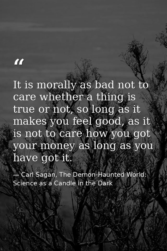 It is morally as bad not to care whether a thing is true or not, so long as it makes you feel good, as it is not to care — Carl Sagan, The Demon-Haunted World: Science as a Candle in the Dark