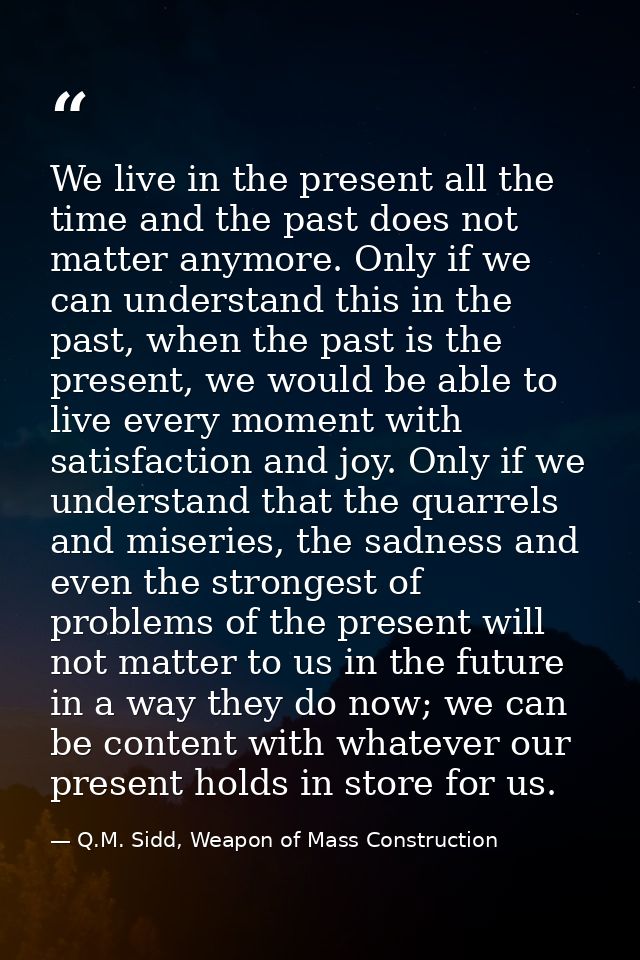 We live in the present all the time and the past does not matter anymore. Only if we can understand this in the past, wh — Q.M. Sidd, Weapon of Mass Construction