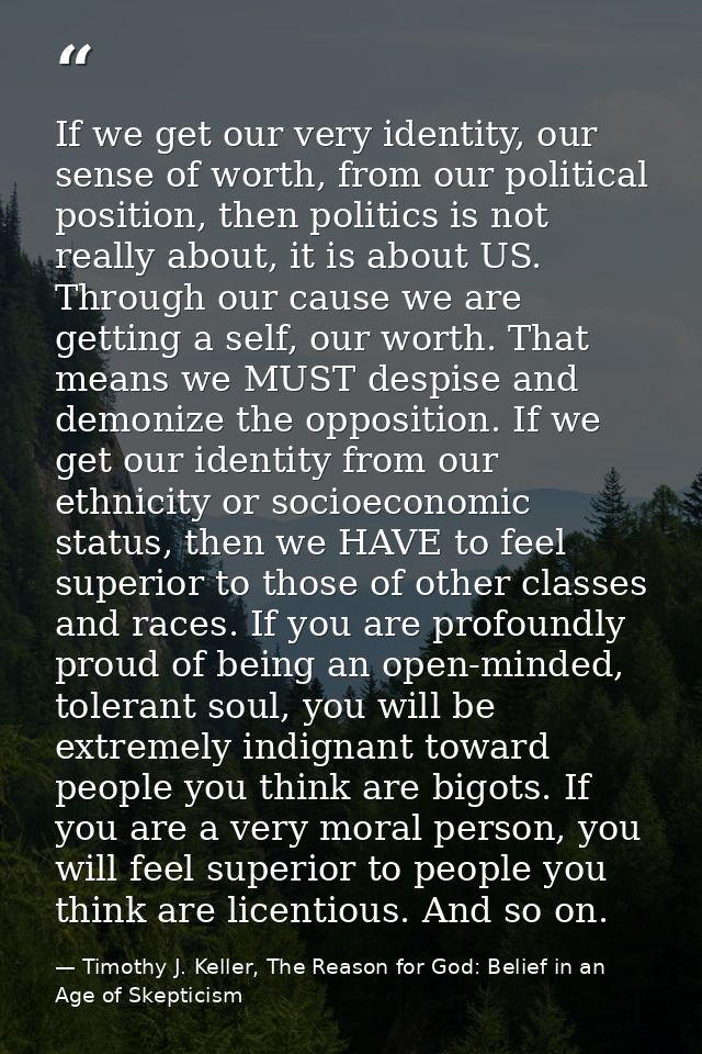 If we get our very identity, our sense of worth, from our political position, then politics is not really about, it is a — Timothy J. Keller, The Reason for God: Belief in an Age of Skepticism