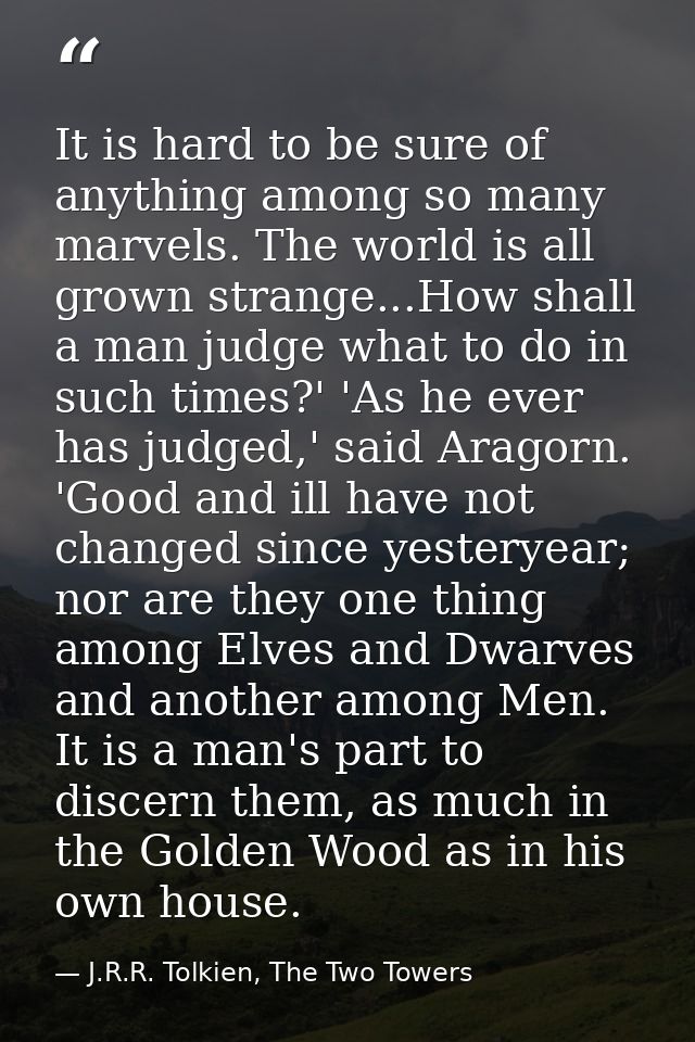 It is hard to be sure of anything among so many marvels. The world is all grown strange...How shall a man judge what to  — J.R.R. Tolkien, The Two Towers