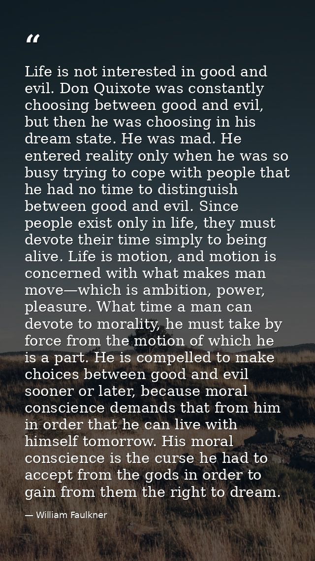 Life is not interested in good and evil. Don Quixote was constantly choosing between good and evil, but then he was choo — William Faulkner