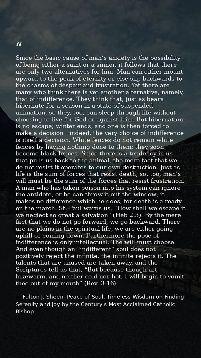 Since the basic cause of man’s anxiety is the possibility of being either a saint or a sinner, it follows that there are — Fulton J. Sheen, Peace of Soul: Timeless Wisdom on Finding Serenity and Joy by the Century's Most Acclaimed Catholic Bishop