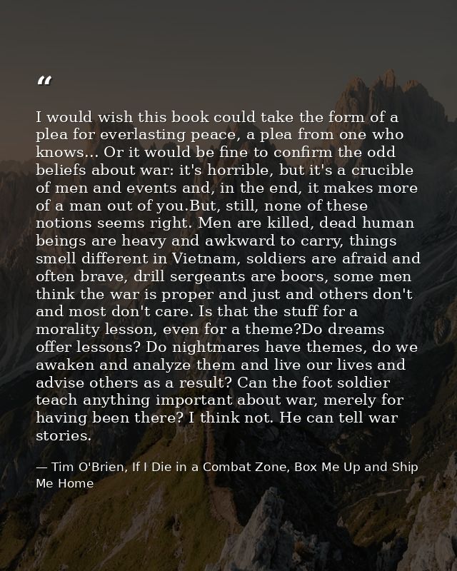 I would wish this book could take the form of a plea for everlasting peace, a plea from one who knows... Or it would be  — Tim O'Brien, If I Die in a Combat Zone, Box Me Up and Ship Me Home