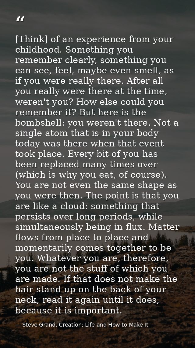 [Think] of an experience from your childhood. Something you remember clearly, something you can see, feel, maybe even sm — Steve Grand, Creation: Life and How to Make It