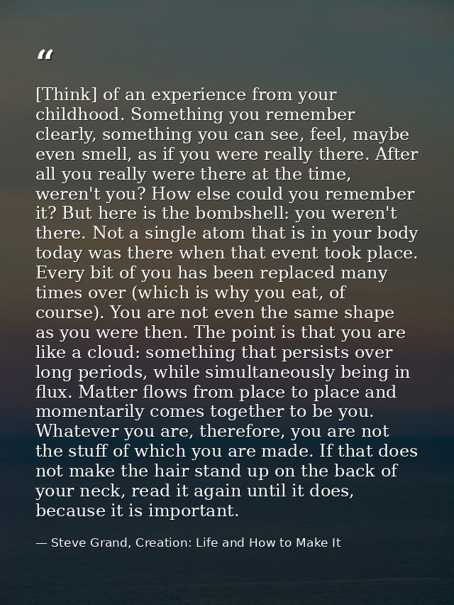 [Think] of an experience from your childhood. Something you remember clearly, something you can see, feel, maybe even sm — Steve Grand, Creation: Life and How to Make It