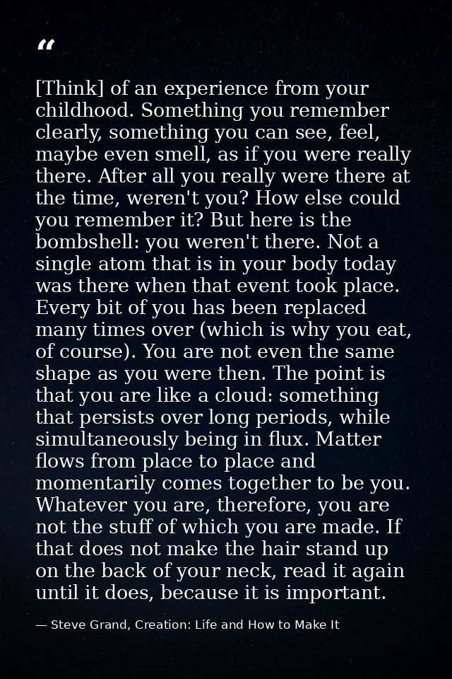 [Think] of an experience from your childhood. Something you remember clearly, something you can see, feel, maybe even sm — Steve Grand, Creation: Life and How to Make It