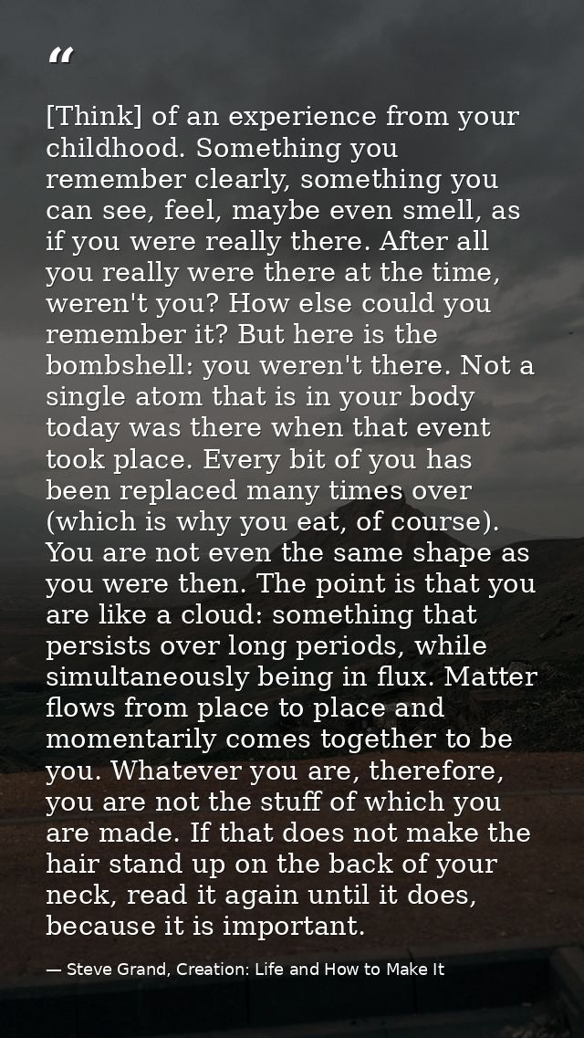 [Think] of an experience from your childhood. Something you remember clearly, something you can see, feel, maybe even sm — Steve Grand, Creation: Life and How to Make It
