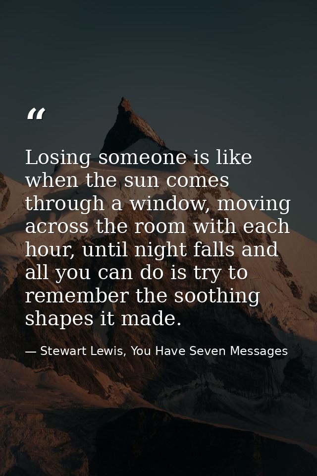 Losing someone is like when the sun comes through a window, moving across the room with each hour, until night falls and — Stewart Lewis, You Have Seven Messages