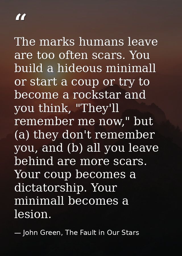 The marks humans leave are too often scars. You build a hideous minimall or start a coup or try to become a rockstar and — John Green, The Fault in Our Stars