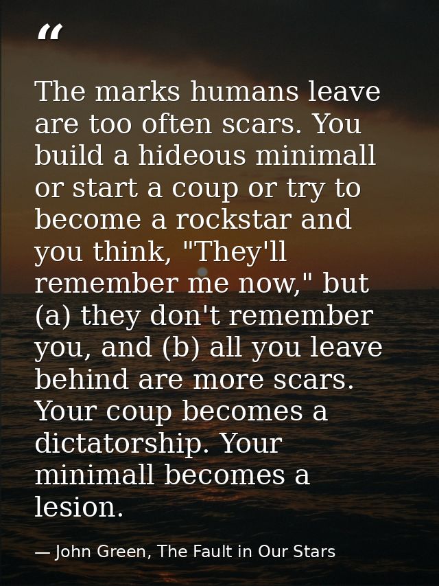 The marks humans leave are too often scars. You build a hideous minimall or start a coup or try to become a rockstar and — John Green, The Fault in Our Stars