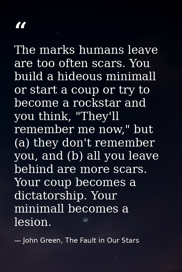 The marks humans leave are too often scars. You build a hideous minimall or start a coup or try to become a rockstar and — John Green, The Fault in Our Stars