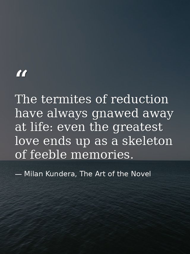 The termites of reduction have always gnawed away at life: even the greatest love ends up as a skeleton of feeble memori — Milan Kundera, The Art of the Novel