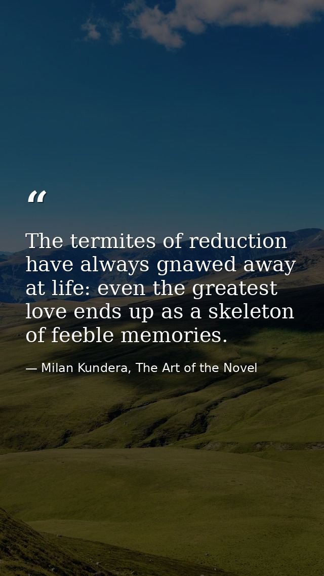 The termites of reduction have always gnawed away at life: even the greatest love ends up as a skeleton of feeble memori — Milan Kundera, The Art of the Novel
