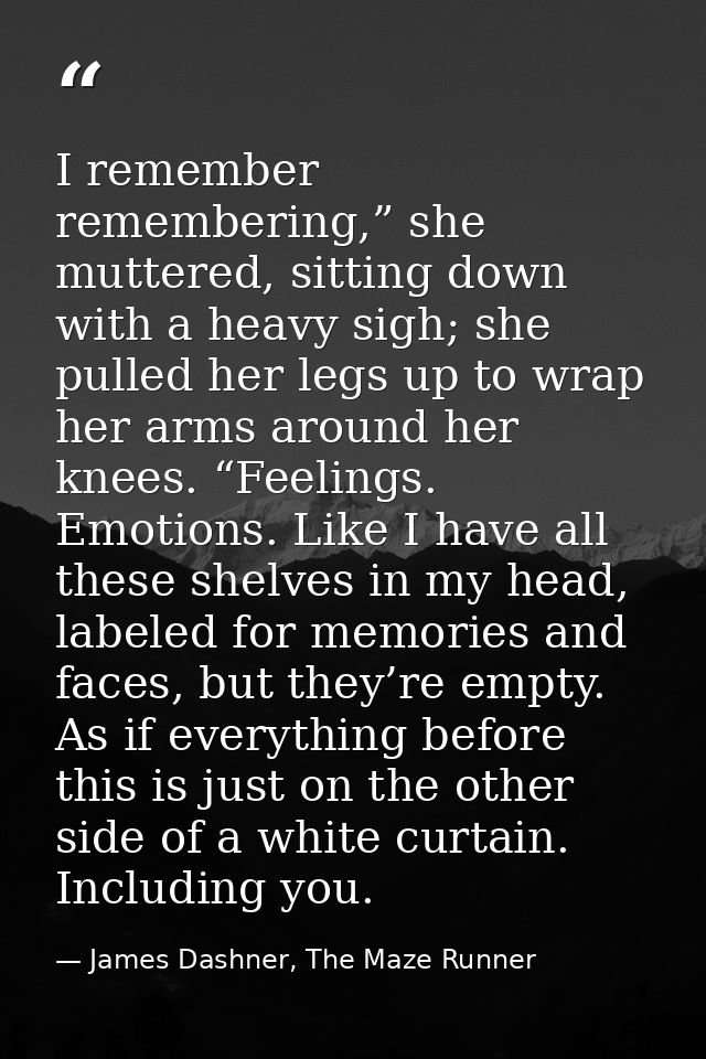 I remember remembering,” she muttered, sitting down with a heavy sigh; she pulled her legs up to wrap her arms around he — James Dashner, The Maze Runner