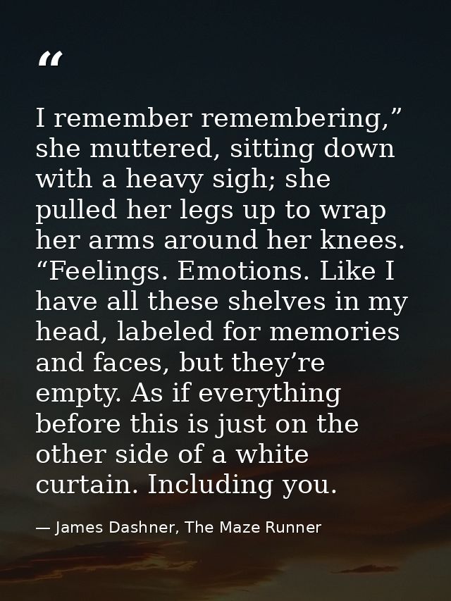 I remember remembering,” she muttered, sitting down with a heavy sigh; she pulled her legs up to wrap her arms around he — James Dashner, The Maze Runner