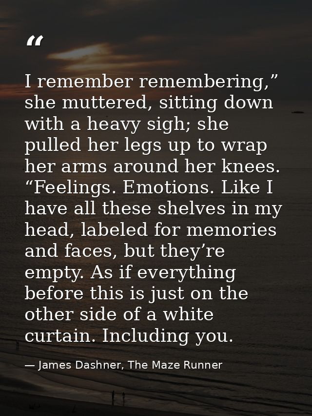 I remember remembering,” she muttered, sitting down with a heavy sigh; she pulled her legs up to wrap her arms around he — James Dashner, The Maze Runner