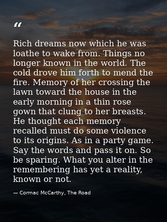 Rich dreams now which he was loathe to wake from. Things no longer known in the world. The cold drove him forth to mend  — Cormac McCarthy, The Road
