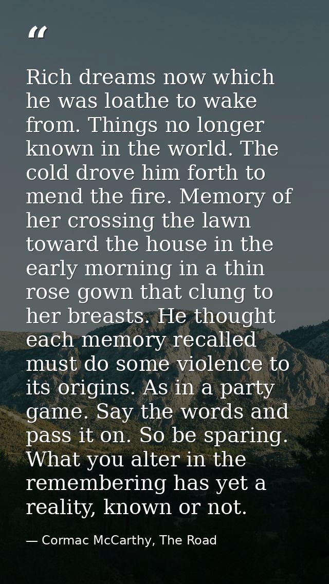 Rich dreams now which he was loathe to wake from. Things no longer known in the world. The cold drove him forth to mend  — Cormac McCarthy, The Road