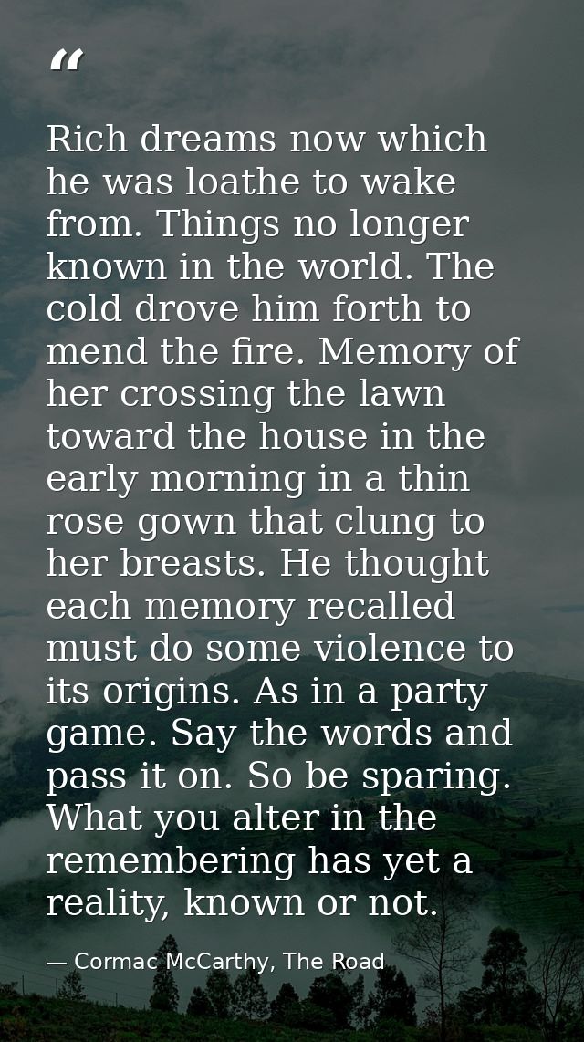 Rich dreams now which he was loathe to wake from. Things no longer known in the world. The cold drove him forth to mend  — Cormac McCarthy, The Road