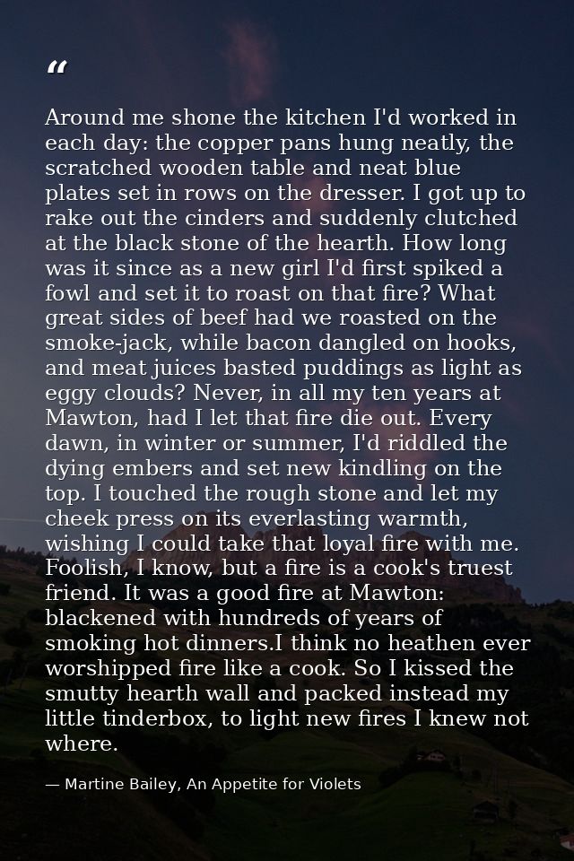 Around me shone the kitchen I'd worked in each day: the copper pans hung neatly, the scratched wooden table and neat blu — Martine Bailey, An Appetite for Violets