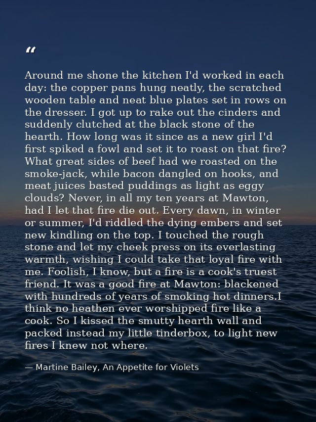 Around me shone the kitchen I'd worked in each day: the copper pans hung neatly, the scratched wooden table and neat blu — Martine Bailey, An Appetite for Violets