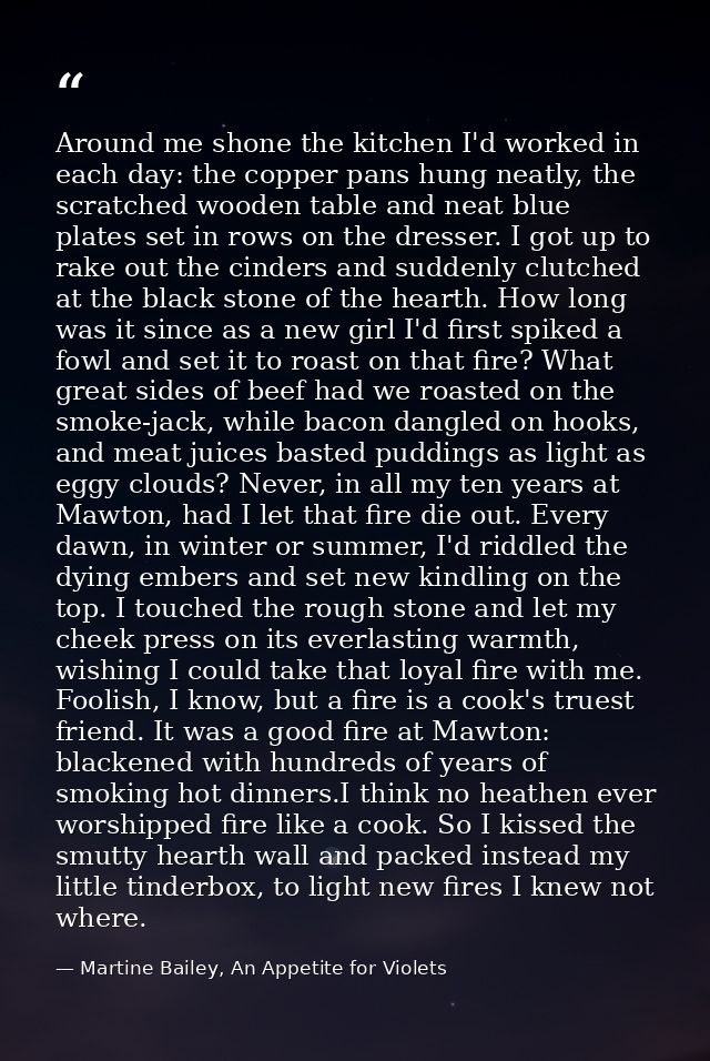 Around me shone the kitchen I'd worked in each day: the copper pans hung neatly, the scratched wooden table and neat blu — Martine Bailey, An Appetite for Violets
