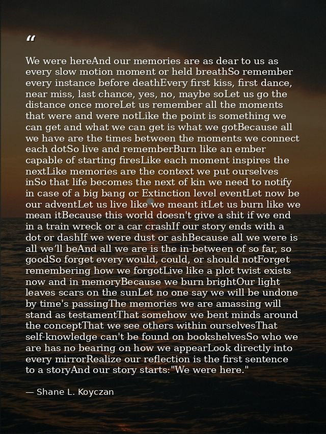 We were hereAnd our memories are as dear to us as every slow motion moment or held breathSo remember every instance befo — Shane L. Koyczan