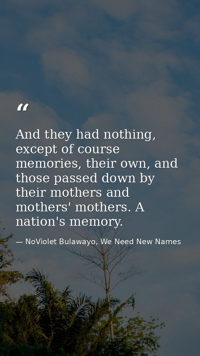 And they had nothing, except of course memories, their own, and those passed down by their mothers and mothers' mothers. — NoViolet Bulawayo, We Need New Names