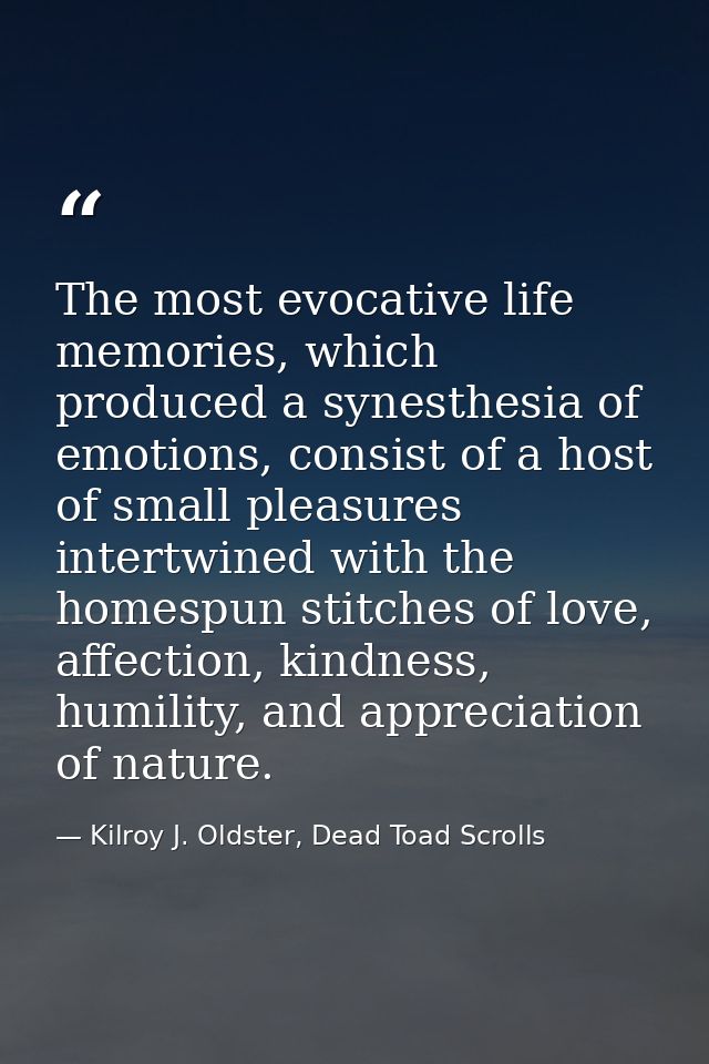 The most evocative life memories, which produced a synesthesia of emotions, consist of a host of small pleasures intertw — Kilroy J. Oldster, Dead Toad Scrolls