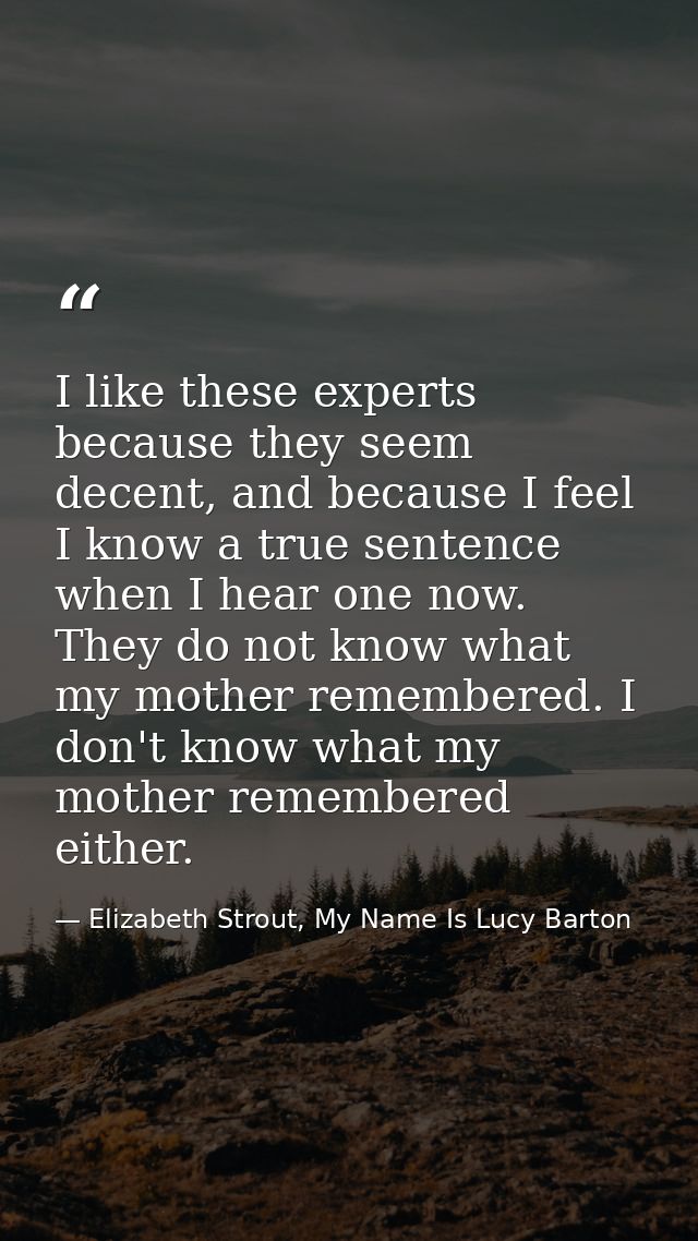 I like these experts because they seem decent, and because I feel I know a true sentence when I hear one now. They do no — Elizabeth Strout, My Name Is Lucy Barton