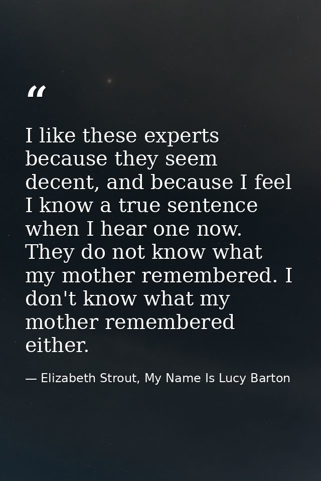 I like these experts because they seem decent, and because I feel I know a true sentence when I hear one now. They do no — Elizabeth Strout, My Name Is Lucy Barton