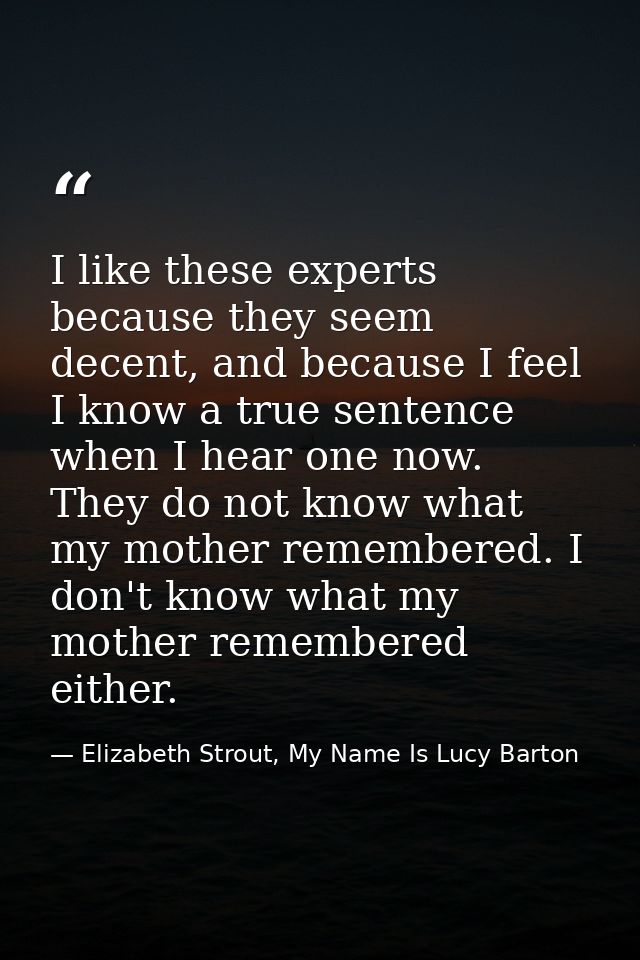 I like these experts because they seem decent, and because I feel I know a true sentence when I hear one now. They do no — Elizabeth Strout, My Name Is Lucy Barton