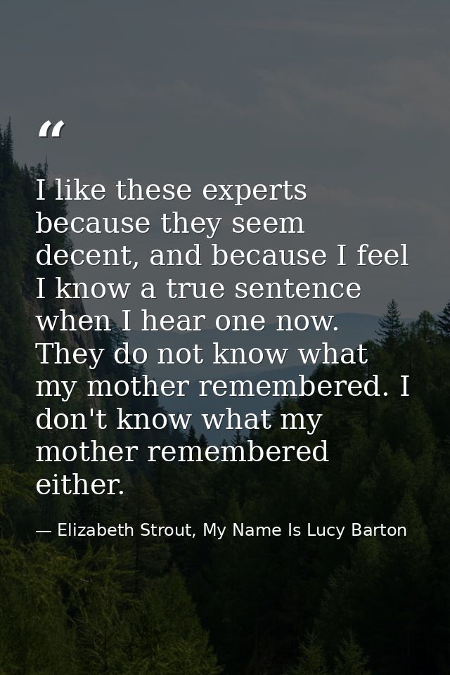 I like these experts because they seem decent, and because I feel I know a true sentence when I hear one now. They do no — Elizabeth Strout, My Name Is Lucy Barton