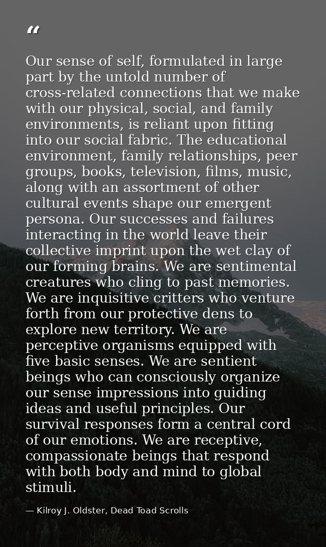 Our sense of self, formulated in large part by the untold number of cross-related connections that we make with our phys — Kilroy J. Oldster, Dead Toad Scrolls