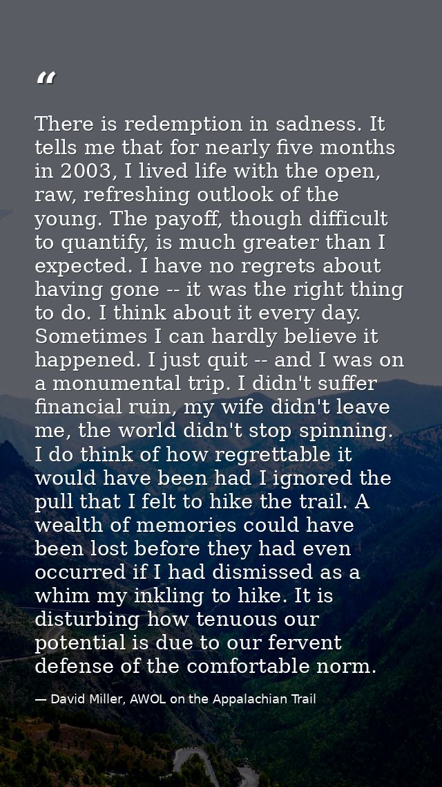 There is redemption in sadness. It tells me that for nearly five months in 2003, I lived life with the open, raw, refres — David Miller, AWOL on the Appalachian Trail