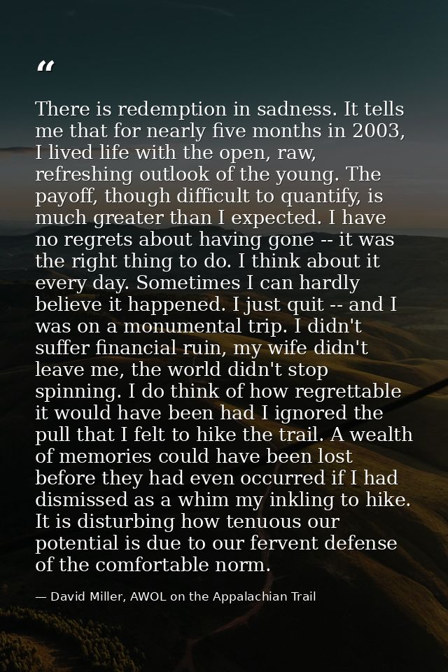 There is redemption in sadness. It tells me that for nearly five months in 2003, I lived life with the open, raw, refres — David Miller, AWOL on the Appalachian Trail