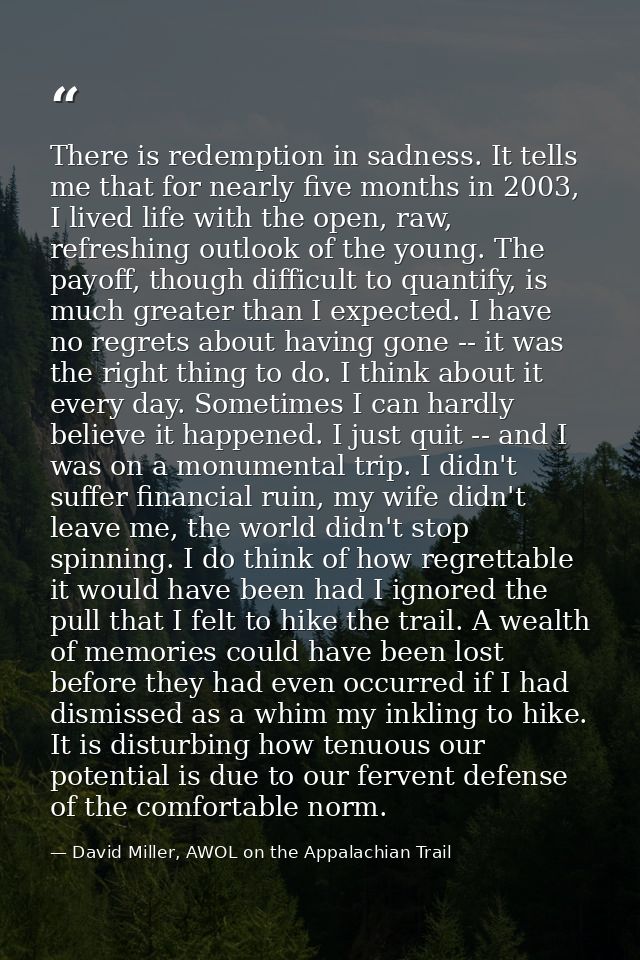 There is redemption in sadness. It tells me that for nearly five months in 2003, I lived life with the open, raw, refres — David Miller, AWOL on the Appalachian Trail